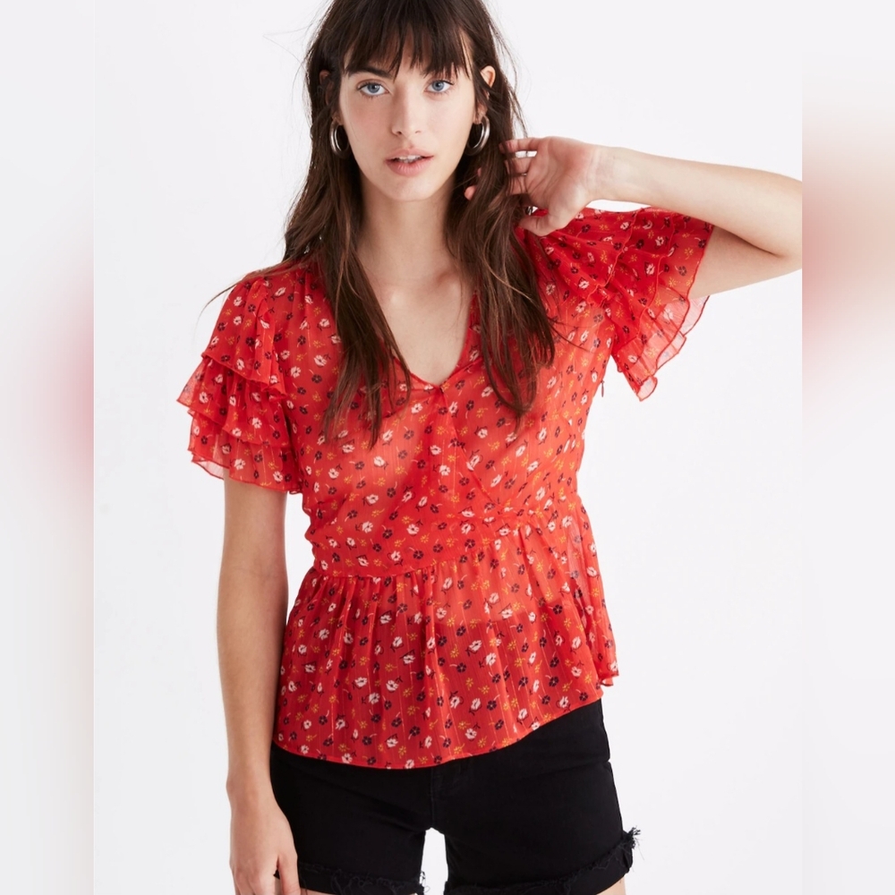 Madewell Tiered Sleeve Peplum Top in Metallic Prairie Posies - Size 2